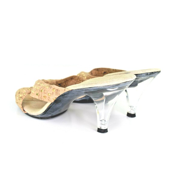Norman Kaplan Las Vegas Woman's Heels Leather Cork Gold Studded Lucite Size 6 - Picture 3 of 9